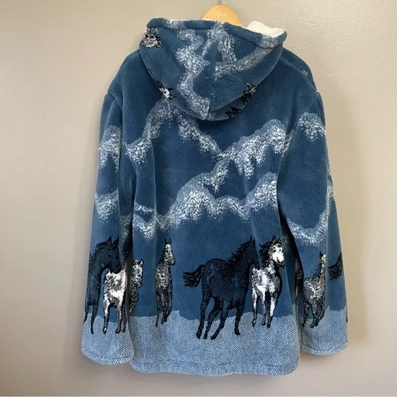 Nordic Lights Vtg Fleece Full Zip Hoodie Sherpa Jacket Sz Large Horses Unisex - Picture 3 of 10